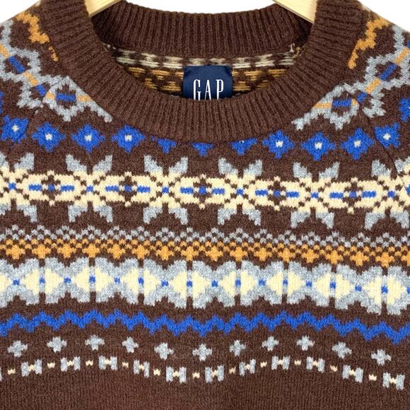 GAP Mens Sz S Fair Isle Nordic Crew Neck Brown Blue Wool Blend Sweater - Picture 3 of 8